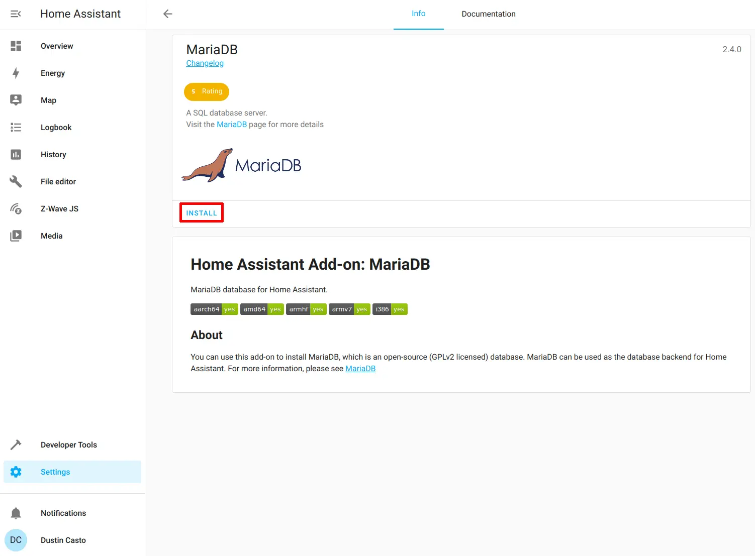 Home Assistant Install MariaDB