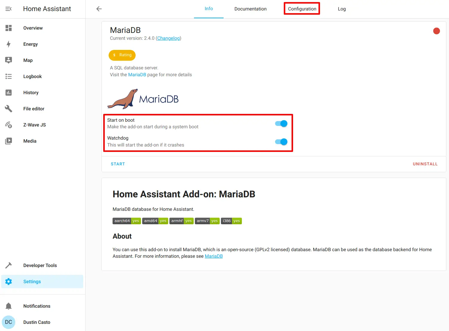 Home Assistant Install MariaDB